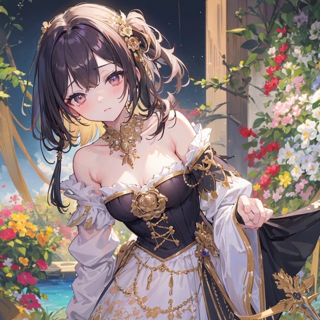 (, masterpiece), 1 Girl, Intricate details, Off-shoulder, skirt, Necklace, Ruffles, Transparent, Looking at the audience, blush, Upper body, Blurred background, Floral Print, Contrasting