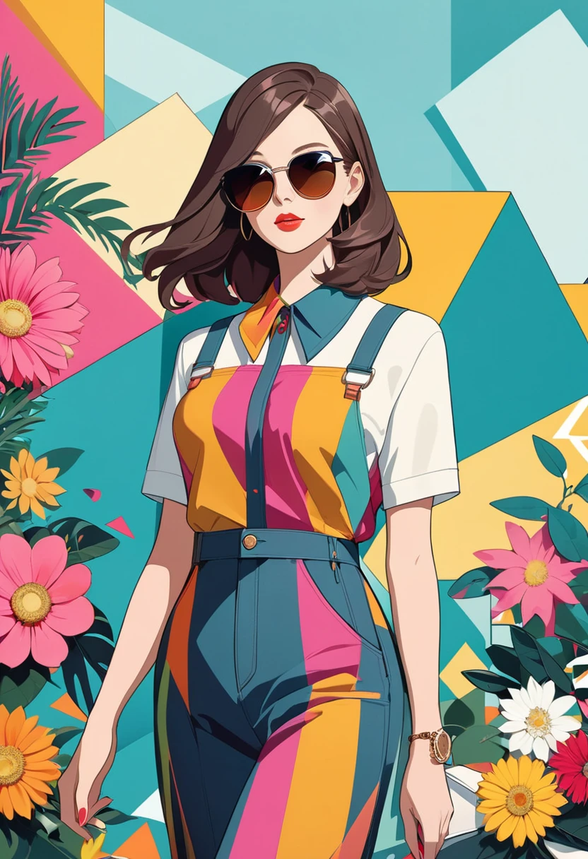 Vivid fashion illustrations for ladies, Including flowers, Leaves, and geometric shapes, Standing in front of an abstract background，Reflecting their whimsical sense of fashion. They wear sunglasses，Feel confident when posing in front of the camera. The overall atmosphere is lively and colorful, Capture the essence of high-end luxury brand style. John Holcroft&#39;s style.