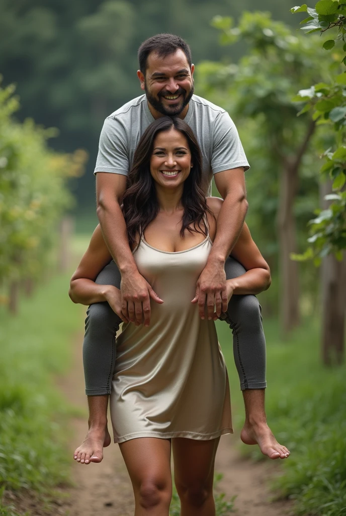 Create a elegant picture of actress Ileana D'Cruz piggyback lifting a man on her shoulders in piggyback style , man is sitting on woman's back