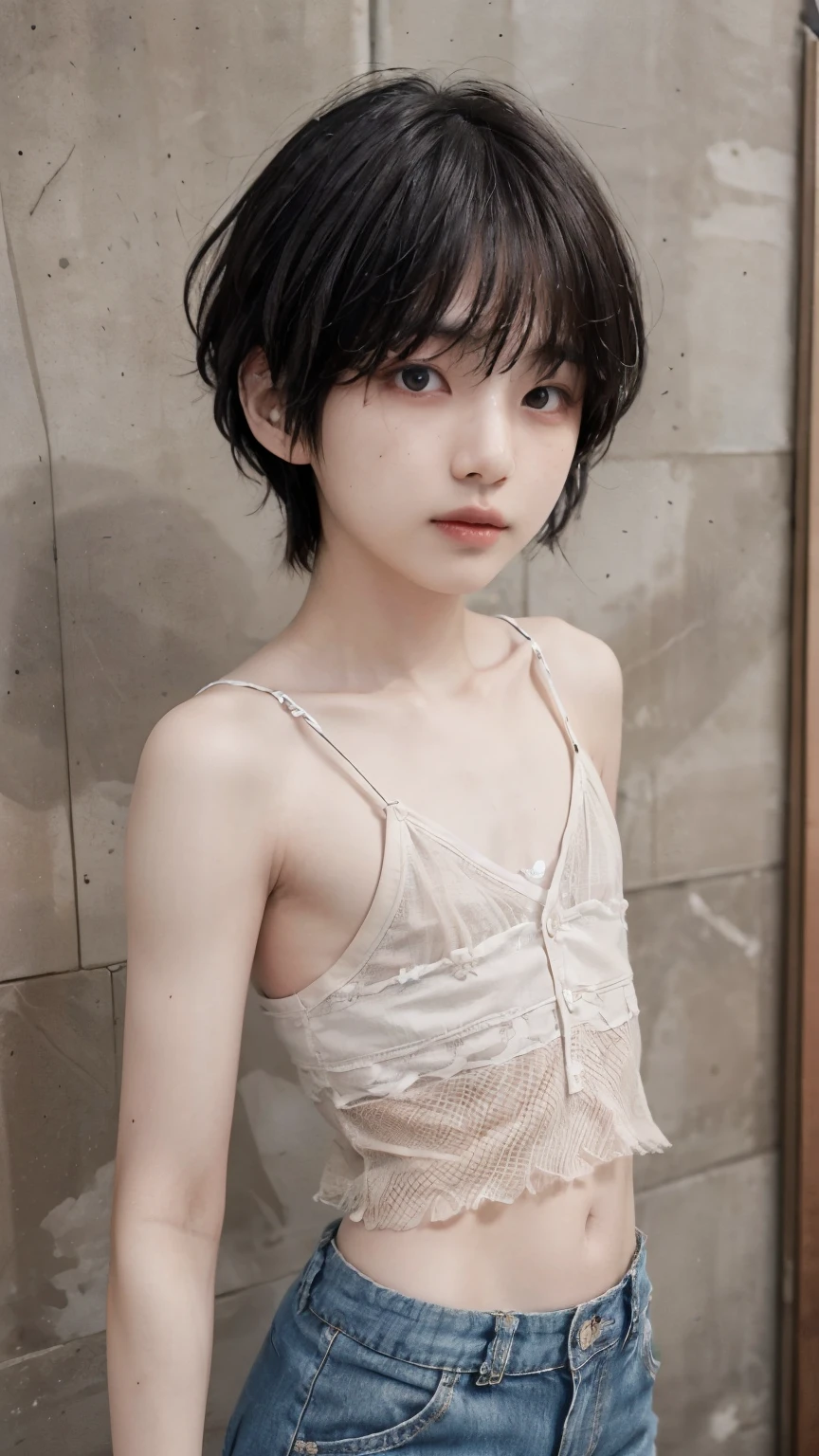 (masterpiece, best quality), UHD 8K, solo, a Japanese  man, little bodybuilder, (mesh top,shorts), (pixie cut, swept bangs), detailed face, detailed eyes, sophisticated nose, pale skin, (flat chest:1.8) , lewdlook,