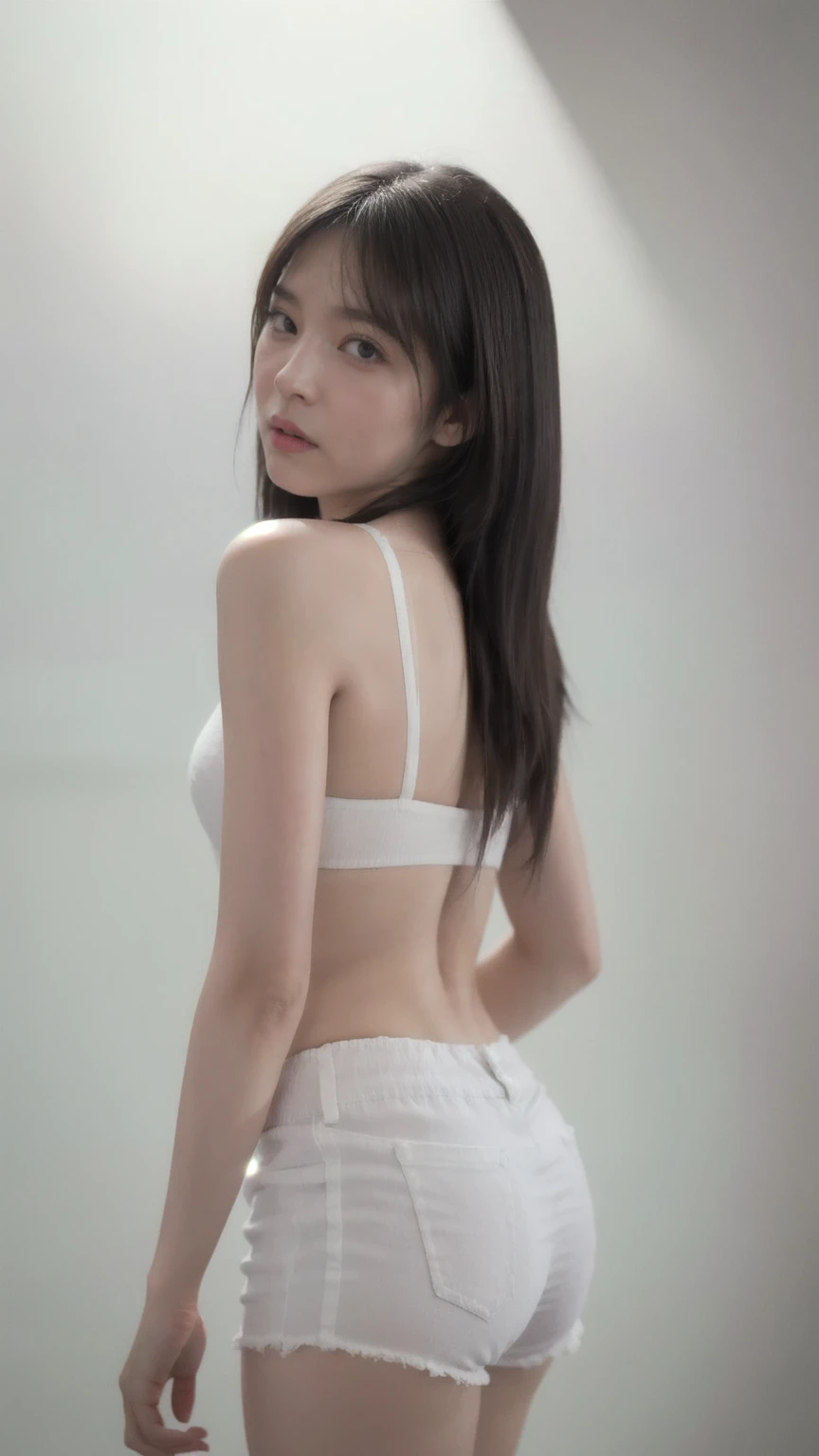 (Stand with legs slightly apart and hands on hips:1.2), (Upper body slouch: 1.2), Sayuri, (Sayuri's face:1.5), Gentle smile, Clear white skin, Clear, Soft skin, Long black hair, Loose curls, Dressing room, (White panties), (From behind: 1.8), (((Buttocks out of panties: 1.8))