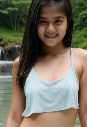 Beautiful, innocent, realistic,12-year-old, Sri Lankan, little girl with long black hair Wearing a short skirt  , cute girl, in the jungle, topless, short skirt,  layered clothing, open neck, smile, depth of field, overcast, misty