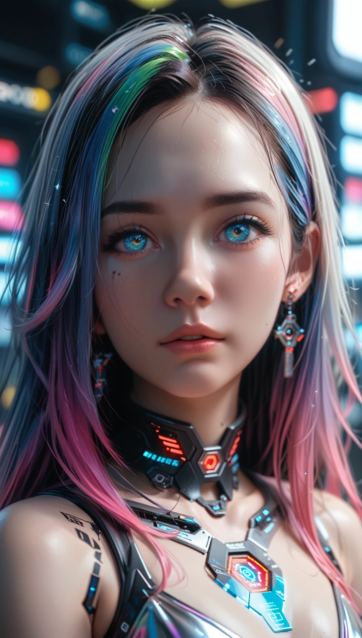 (masterpiece), anatomically correct, accurate, textured skin, high details, high quality, (best quality), (super detail), perfect detailed eyes, perfect detailed face, ultra-detailed nose, multicolored hair, gradient hair, long hair, straight hair, sparkle, cinematic lighting, Cyberspace, Virtual Reality, Dystopia, Hacking, Algorithm, Data Stream, Interface, Avatar, Quantum Computing, Matrix, Neural Network, Cyberpunk, Digital Twin