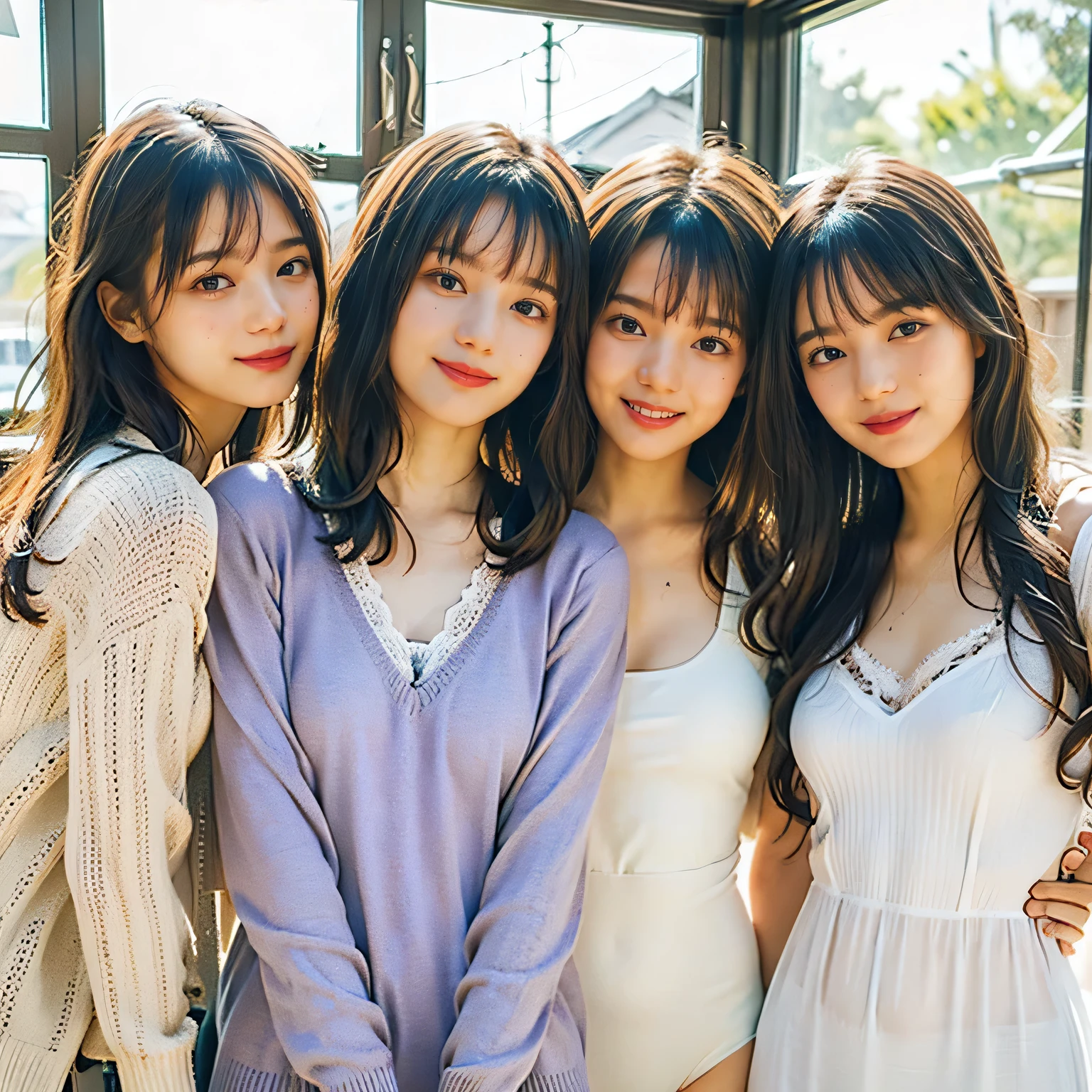 Close-up photo of three Japanese girls, (In the classroom), (Everyone is smiling and huddled together), Best Quality, masterpiece, Looking at the camera, (All of them are wearing white see-through lingerie and pale purple cardigans.), Double eyelids, Bang bang down