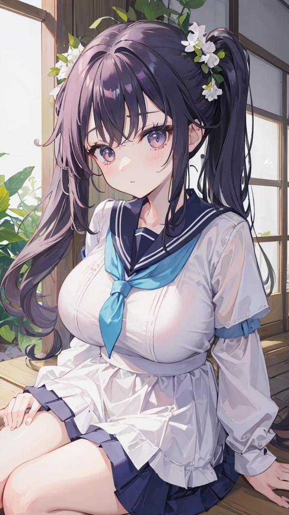4k, high quality, god rays, beautiful, good lighting, sexy, big breasts, thick thighs, skirt, black skirt, school girl uniform, sailor uniform, school girl, anime school girl, rain, wet shirt, white shirt wet, wet shirt being see through, soaked and see through white shirt, black hair, dark eyes, see through shirt showing nipples, areolas, long skirt