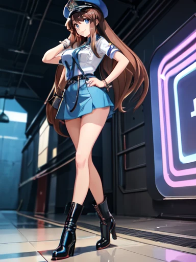 Miniskirt Police、Police themed costumes、Long Straight Hair、Police hat、revolver prop、Standing pose、Looking up、Confident and bold、Shiny blue boots、Sci-Fi Boots、The charming Tifa Lockhart、Yoshitomo Nara、tits、(1 girl, 20 years old , on), (posing, on), arms crossed, standing on one leg, full body, low angle, earrings, necklace, wrist cuffs, twintails, brown hair, gradient hair, (smirk, erotic expression, on), (stunning face, symmetrical clear eyes, detailed body, on)