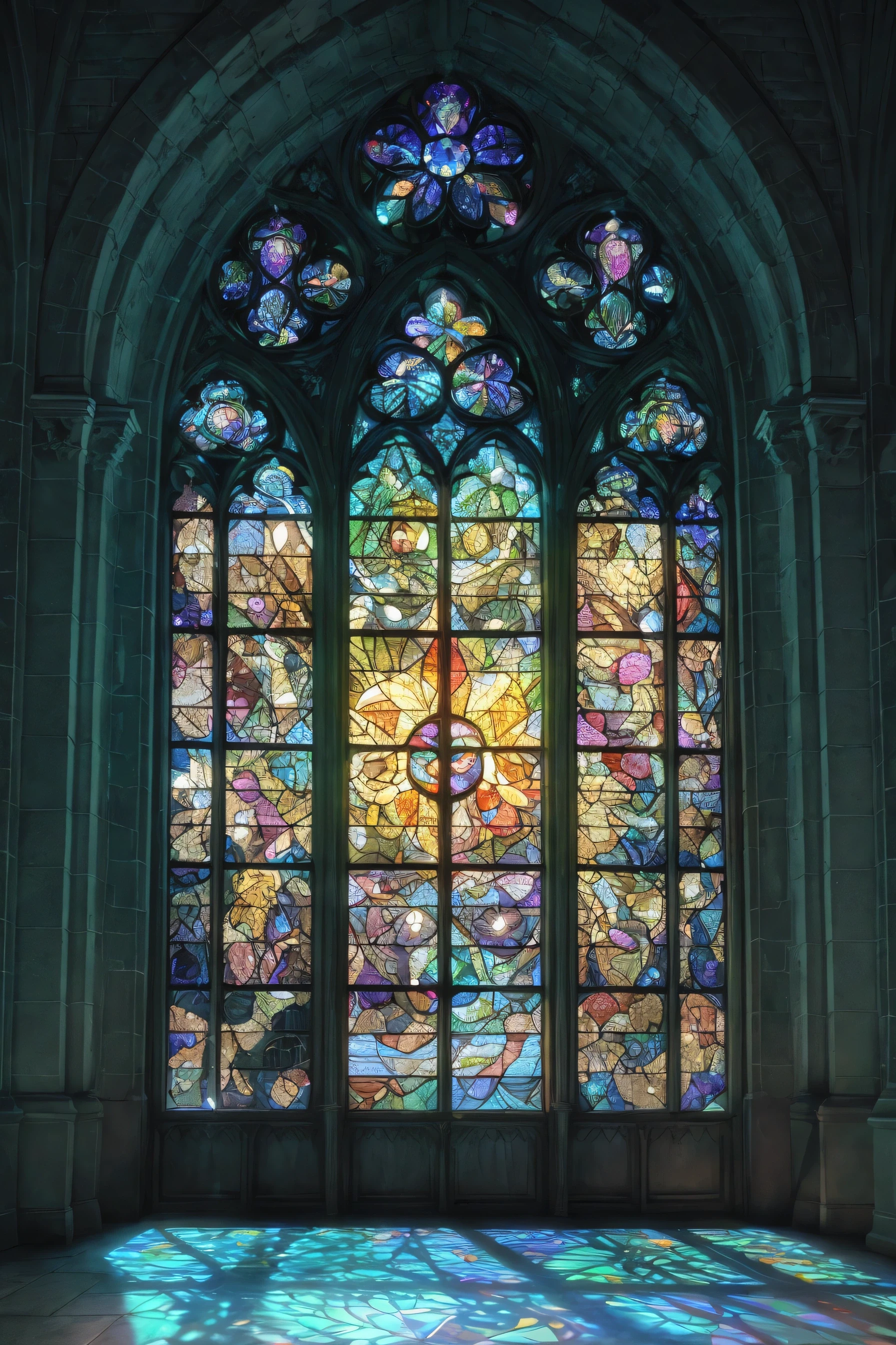 Close-up of stained glass windows of buildings at night, blue light and shadow reflected by glass, Gothic stained glass style, exquisite carved columns, Gothic columns, church walls, more wall texture details, mysterious cathedral windows, stained glass windows, glowing stained glass background, complex stained glass, blue dim lights at night, weak moonlight, moonlight through glass, UE5 rendering, 3D rendering, realistic light and shadow, movie-level light and shadow, rich object details