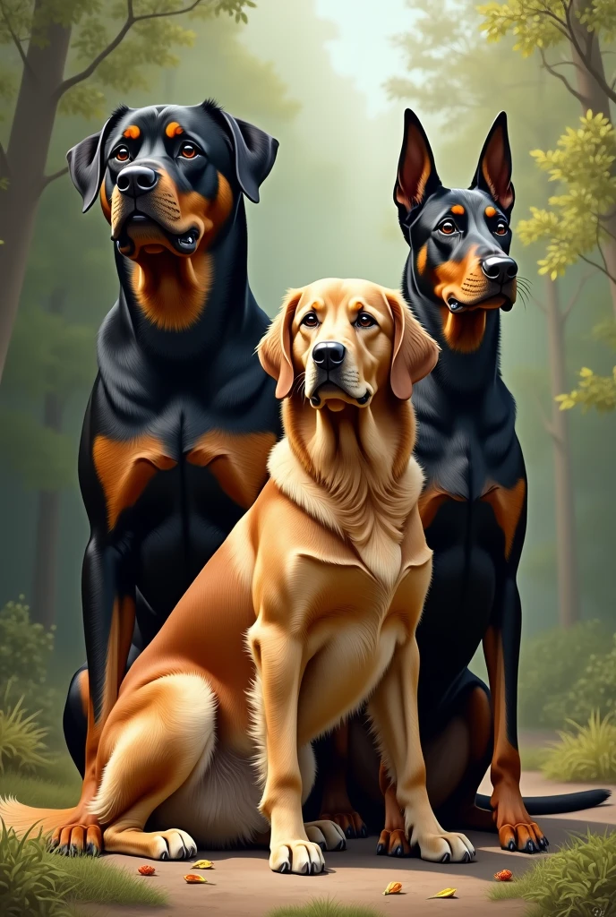 One labrador and 2 german shepherd dogs