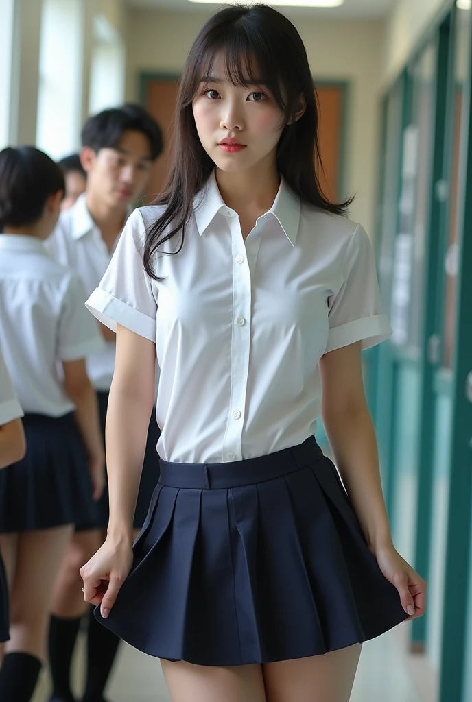 ((Breast enlargement)), (masterpiece, Highest quality:1.2), 8K, Young and beautiful girl, 85mm,Official AR RAW Photos, (Baby Face), ((Small face)), (((Super big breasts))), Detailed nipples, Show me your ears、photo shoot, Cute face, Thighs, Classroom after school, Looking at the audience, Embarrassing、smile、No makeup, Film Grain, chromatic aberration, Sharp focus, Face Light, Bright lighting, 10 generations, Detailed face, Background blur、((((((14 year old high school girl))))))、Narrow waist, ((Schoolgirl uniform, Checkered pleated mini skirt)), (White tiny panties), Lift the skirt with your hands