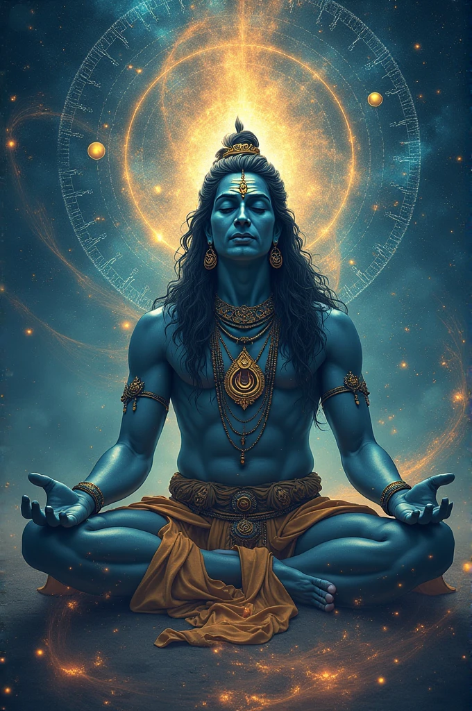 Create an engaging profile photo featuring a majestic, ornate representation of Lord Vishnu or Shiva, depicted in a serene, meditative pose. The deity should be surrounded by subtle, celestial elements such as stars, nebulae, and faint divine symbols from the Puranas. Include a soft, radiant halo or aura around the deity to enhance the divine and mystical atmosphere. Use a deep, rich color for the background to make the deity and celestial elements stand out. Ensure the image is clear and eye-catching, perfect for a profile photo.