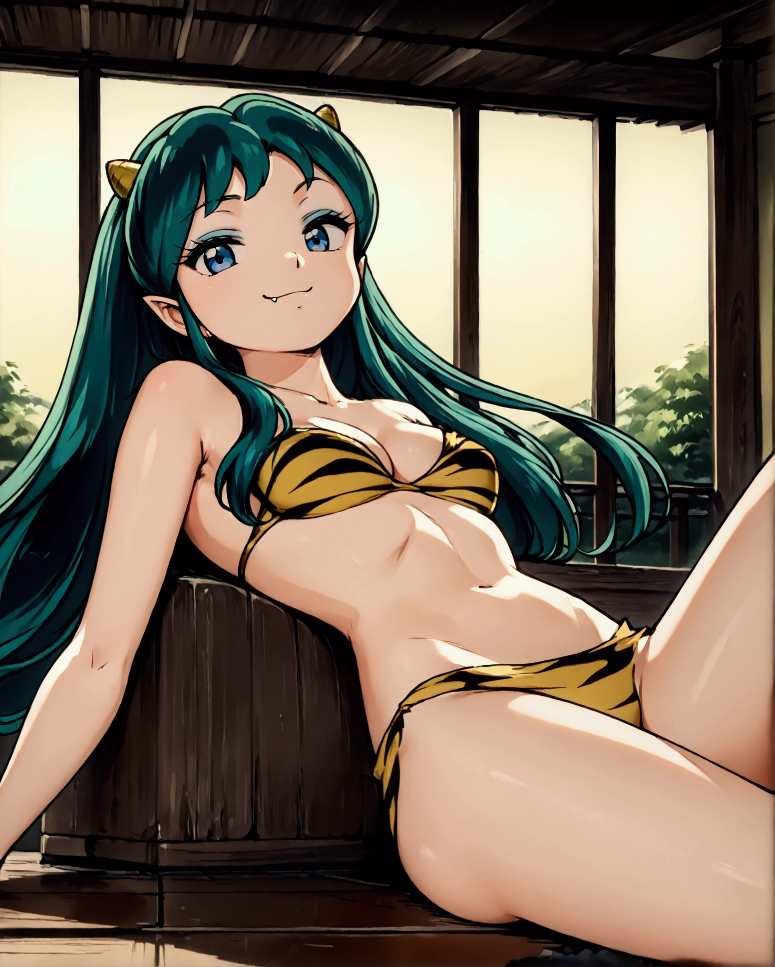 score_9, score_8_up, score_7_up, source_anime,
uruseiyatsuralum, lum, long hair, bangs, blue hair, orange eyes, horns, pointy ears, aqua hair, oni horns, eyeshadow,
navel, cleavage, swimsuit, bikini, boots, strapless, animal print, yellow bikini, tiger print, strapless bikini, flying, smile,
looking at viewer, sitting on bench, spread legs, cameltoe