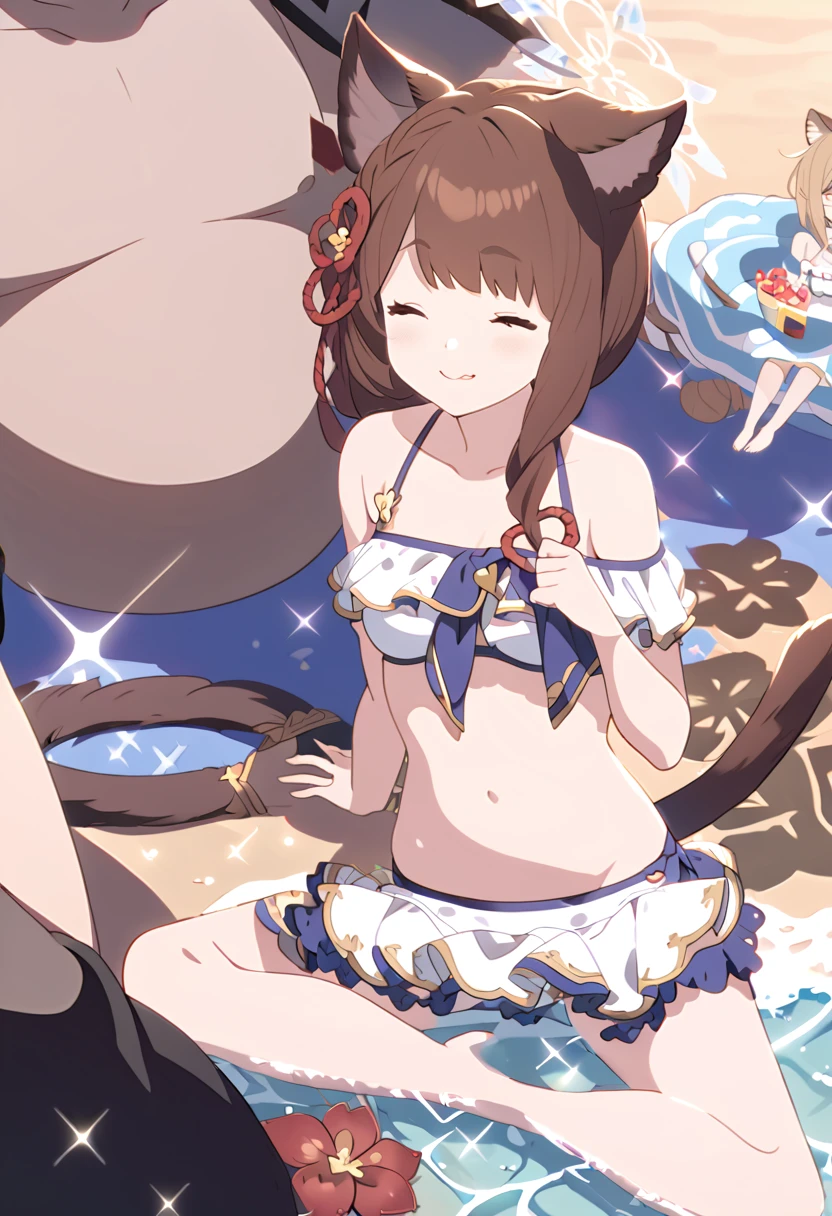 Masterpiece、One cute girl、Slender body、Beautiful Skin、One fat man、A man and a girl splashing water on the beach、Sparkling water splashes、Granblue Fantasy、Vajra、Cat ears and tail、Cute single tusk、Very small breasts、Brown Hair、An innocent smile、Sandy Beach、fun、sunny、White frilly bikini、