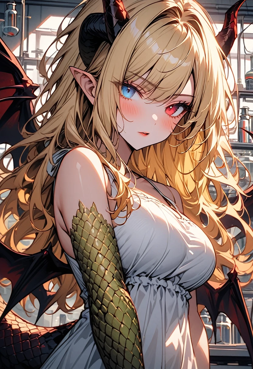 solo:1.4, female, horns, (furry claws), blue eye, red eyes, heterochromia, large breasts, short blonde hair, snake tail, brown furry knees, lion ears, dragon wings, large woman, medieval, laboratory, broad shoulders, very tall, light skin, blush, close up, from the waist up, blonde fur