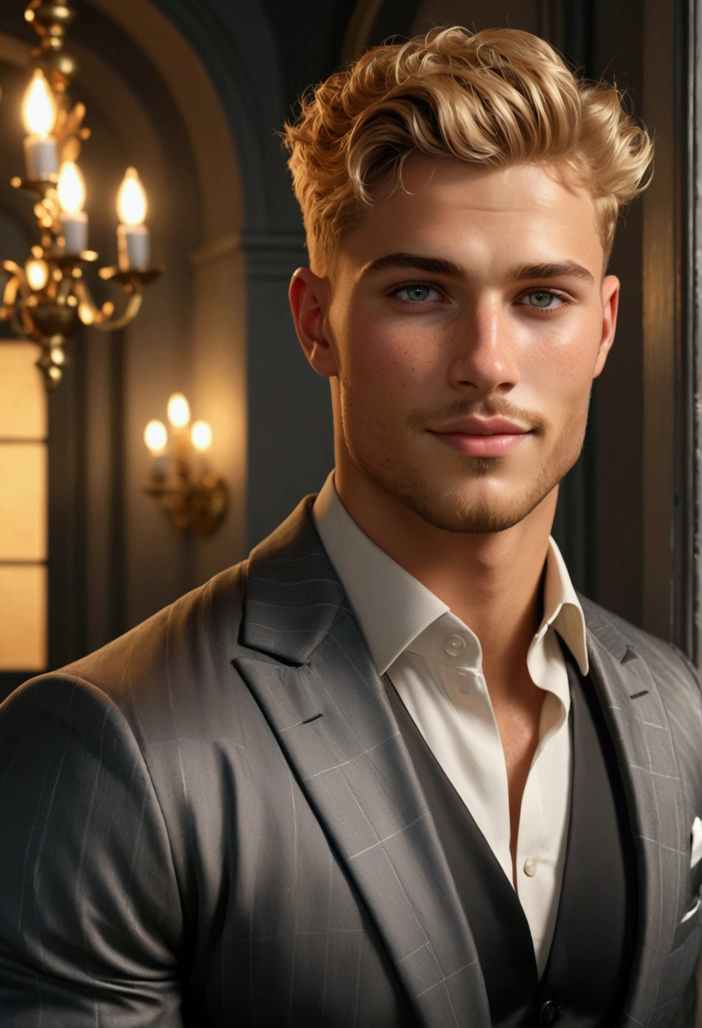 Handsome young man with short golden blonde hair, bright intense grey eyes, detailed face with shaved beard, blushing cheeks, extremely realistic and detailed face, freckles on his cheeks, has a big charming smile on his face, elegant, sexy, muscular man, with classy pose, he is dressed in an elegant suit, in the background an office, cinematic lighting, dramatic lighting, soft lighting, baroque style, romantic, ornate, intricate details, masterpiece, (best quality, 4k, 8k, high resolution, masterpiece:1.2), ultra detailed, (realistic, photorealistic, photorealistic:1.37), vibrant colors, dark tones, warm lighting