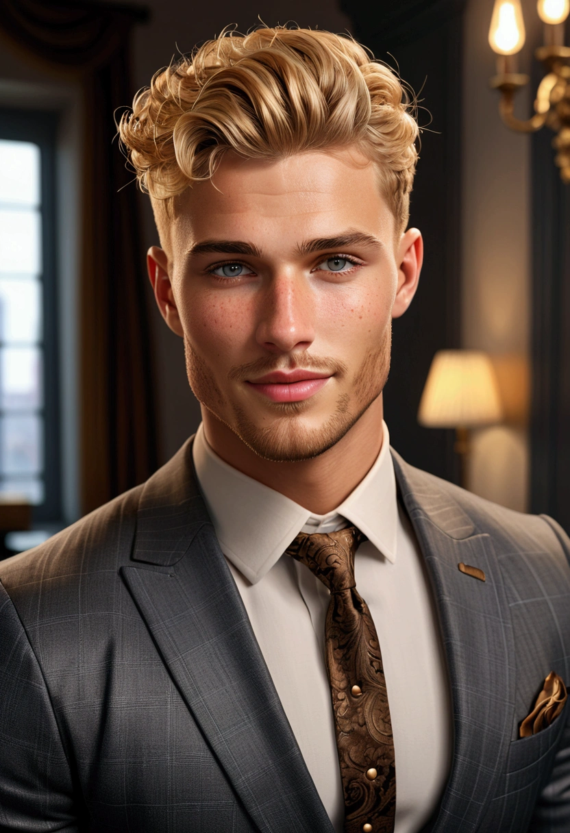 Handsome young man with short golden blonde hair, bright intense grey eyes, detailed face with shaved beard, blushing cheeks, extremely realistic and detailed face, freckles on his cheeks, has a big charming smile on his face, elegant, sexy, muscular man, with classy pose, he is dressed in an elegant suit, in the background an office, cinematic lighting, dramatic lighting, soft lighting, baroque style, romantic, ornate, intricate details, masterpiece, (best quality, 4k, 8k, high resolution, masterpiece:1.2), ultra detailed, (realistic, photorealistic, photorealistic:1.37), vibrant colors, dark tones, warm lighting