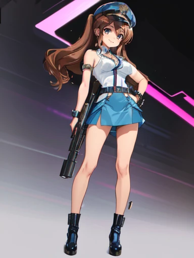 Miniskirt Police、Police themed costumes、Long Straight Hair、Police hat、revolver prop、Standing pose、Looking up、Confident and bold、Shiny blue boots、Sci-Fi Boots、The charming Tifa Lockhart、Yoshitomo Nara、tits、(1 girl, 20 years old , on), (posing, on), arms crossed, standing on one leg, full body, low angle, earrings, necklace, wrist cuffs, twintails, brown hair, gradient hair, (smirk, erotic expression, on), (stunning face, symmetrical clear eyes, detailed body, on)