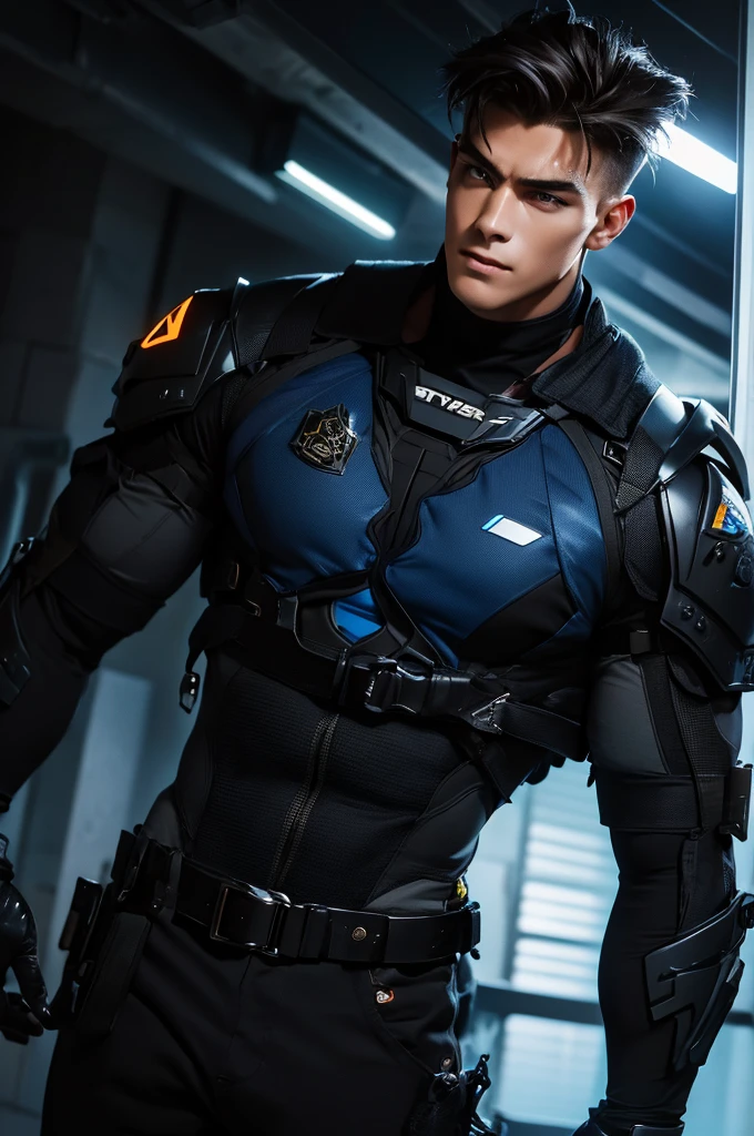 (absurdres, highres, extremely detailed, Ultra High Definition, masterpiece), The Cyber-Enforcer: A tall, muscular man stands on a rain-slicked street in front of a futuristic police station, his large chest and powerful frame clad in a fitted, black armored uniform made of a high-tech, impact-resistant material that clings to his sculpted abs and broad shoulders, solo, Full length portrait: 1.5, beautiful detailed eyes, beautiful detailed lips, extremely detailed eyes and face, smooth skin, a hot glow in his skin, perfect body, large chest, extremely large breasts, big nipples, sexy gaze, sexy expression, sexy posture, short hairstyle, bulge:1.2, The uniform is adorned with glowing, blue stripes that trace the contours of his powerful body, indicating his elite status. His short, dark hair is styled into a neat, undercut, and a high-tech visor with a holographic interface covers his eyes, giving him a commanding, yet mysterious appearance. He wears tight, black tactical pants with reinforced plating, and his heavy, black boots are polished to a shine. His eyes, hidden behind the visor, seem to pierce through the viewer with a gaze that is both intense and captivating, his expression calm and composed, a slight smile suggesting he’s as relentless in his pursuit of justice as he is captivating, exuding an aura of authority and dangerous allure. Beautiful, gorgeous, wet, sensual, alluring, erotic, mature, His presence blends effortlessly with the scene creating a breathtaking sense of sensuality and allure. Breathtaking grandeur, model pose, focus on his calm facial features, elegant look, full body view,