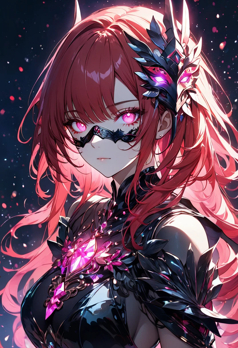 1girl,nepotism, renascent elements, red hair,glowing eyes,magenta gems around the chest,hair decoration ,light particles,dark fantasy, full face mask, Splashmotion,(masterpiece:1.4),(best quality:2),(very aesthetic),newest