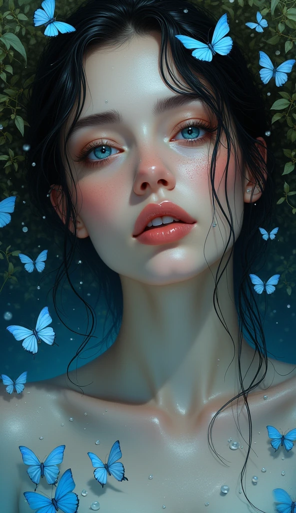 A digital artwork resembling a photograph of an adorable woman lying on the ground, looking directly at the viewer with big and blue, expressive eyes. The short dress of the woman is revealing and beautiful, with each fibre finely detailed and shimmering with tiny fireflies under a dimly lit night sky. Leaves gently fall around it, adding to the magical, serene atmosphere. The scene is set on a rough textured surface that resembles wood. The color palette is dominated by shades of green and white, emphasizing a chilly, enchanting ambiance
