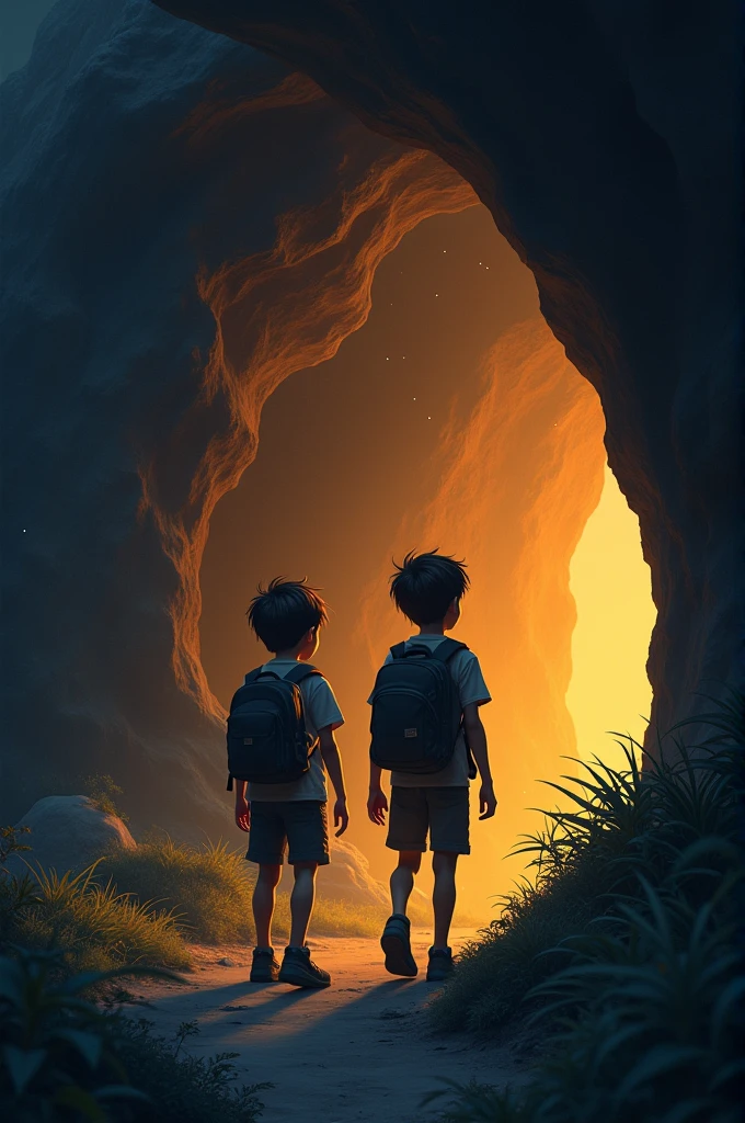 Aarav and Momo arriving at a small cave at the base of a hill, with a sense of adventure.
- The entrance of the cave should look intriguing and a bit mysterious.