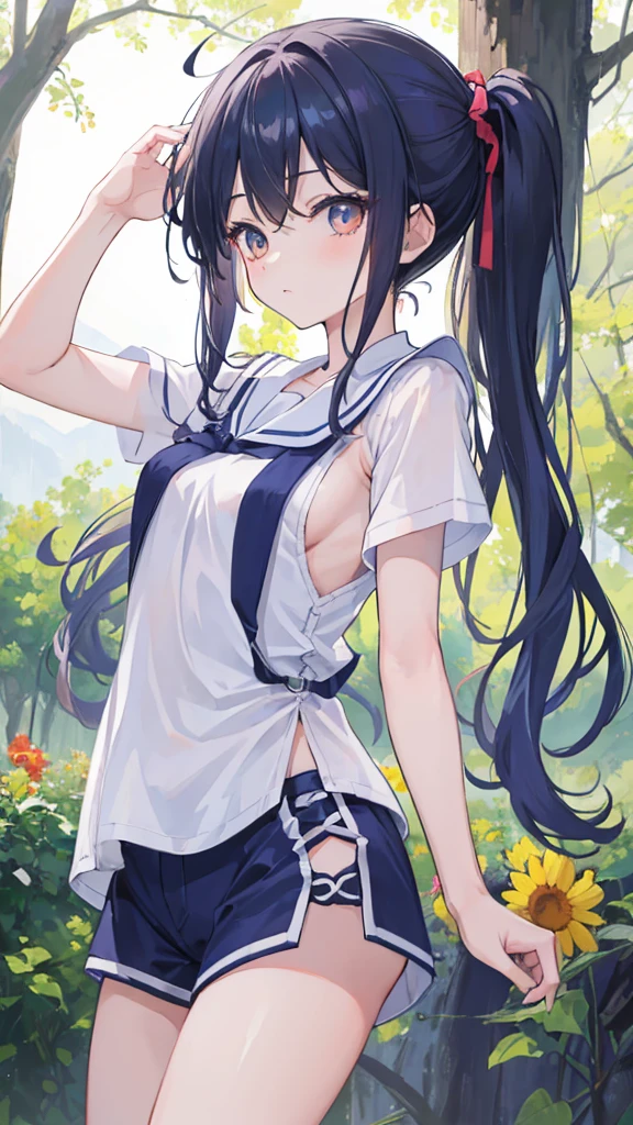 art by Cornflower, dreamy, (masterpiece, best quality, perfect anatomy, beautiful face, realistic, ultra detailed,1girl,18ears old,solo,depth of field,Canon 24mm Lens,f1.4,cute_girl,sailor_ collar, constricted pupils, drunk, clear facial features, short sleeves, large breasts, thin figure, long legs, height 170, barefoot, double ponytail, bangs, gravure pose, outdoor, jungle, blurred background, (uwabaki: 1.1576))
