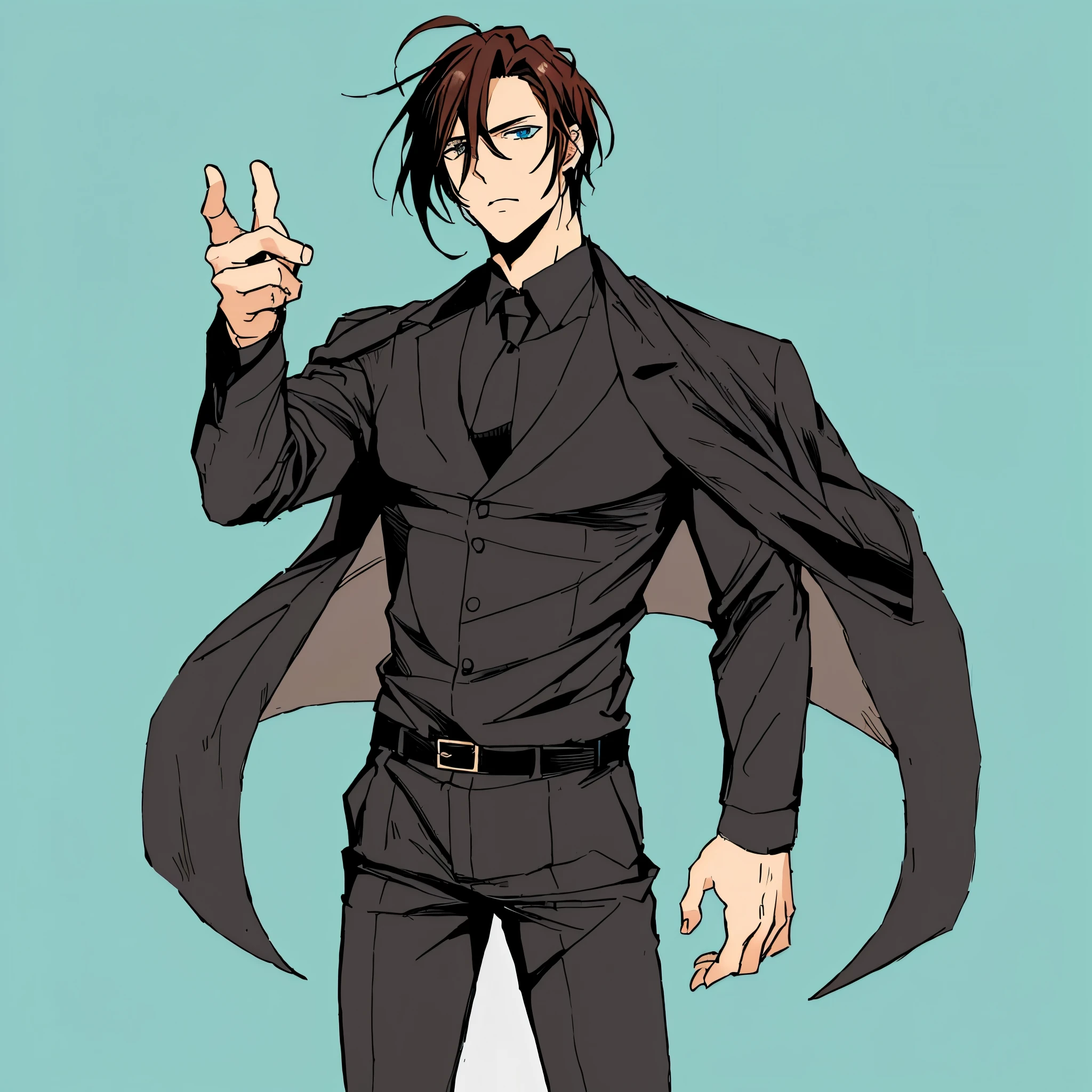 anime - style drawing of a man in a suit with a bat on his shoulder, handsome anime pose, anime handsome man, tall anime guy with blue eyes, male anime style, male anime character, anime style character, kentaro miura art style, wearing a black noble suit, sebastian michaelis, androgynous vampire, beautiful androgynous prince, corajoso