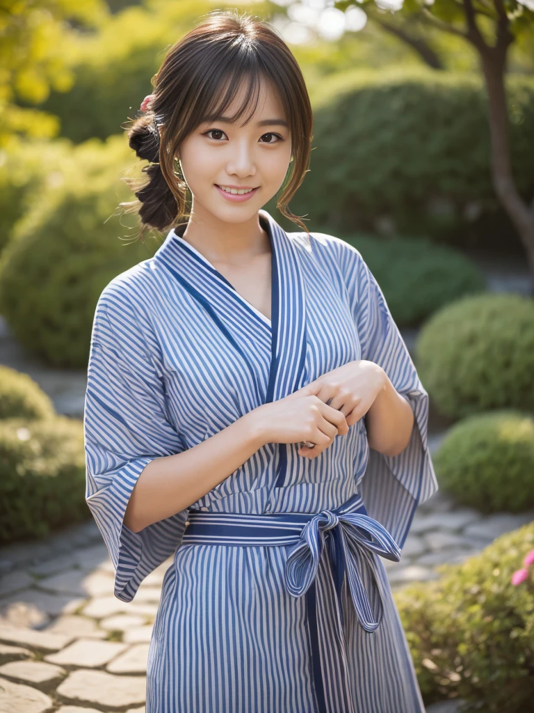 hyper realistic, ultra detailed photograph of a woman, laugh, silver short hair,tiny chest, blue eyes, teenage,summer,sitting in the flower garden,yukata