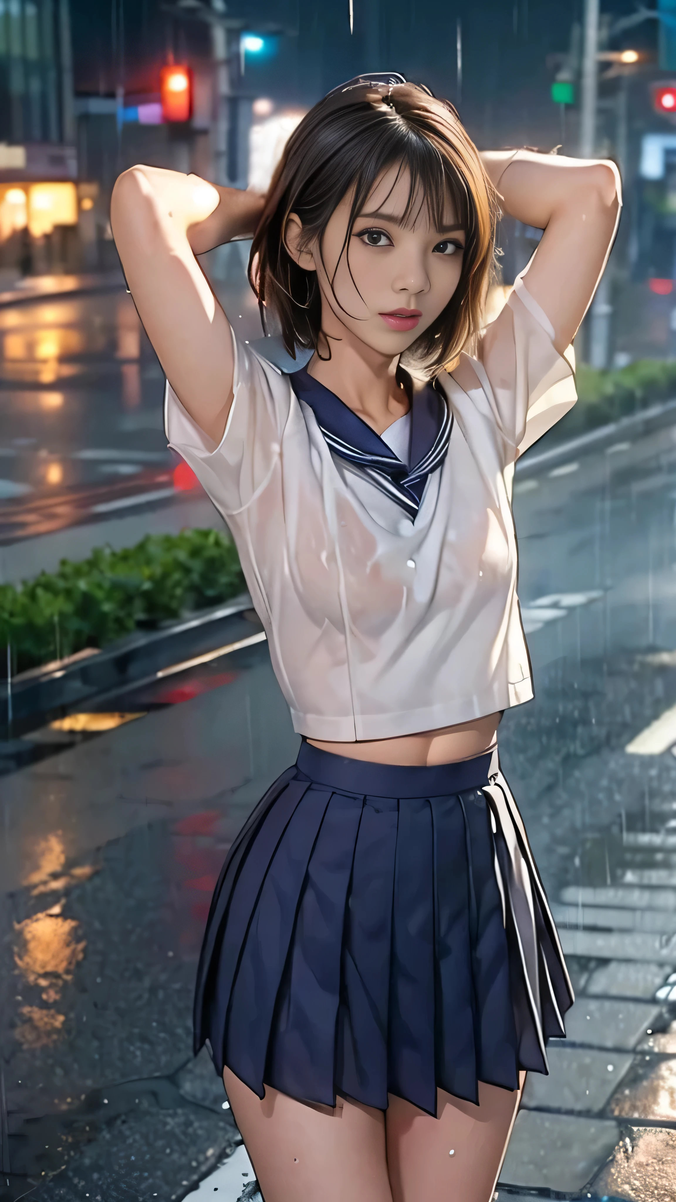 Front view;1.21, See the viewer:1.21, above the knee shot:1.21, ((masterpiece, Highest quality, Best Wallpaper:1.21)), ((get wet:1.5)), (Raise your arms, Please show me your armpits:1.3), (Beautiful breasts, Flat Chest), legs apart, Japanese women, 17才のJapanese women, Anatomically correct proportions, ((Small Head:1.5)), Brown Hair, Low ponytail hair, Let your bangs hang long, Anorexic skinny body:1.37, ((skinny body, Waistline:1.37)), Glowing Skin, (Soaked in the rain, Sailor uniforms from famous Tokyo Metropolitan High Schools, Short sleeve clothing, Short-sleeved sailor uniform:1.21, sera fuku:1.21, The upper body is wearing a uniform:1.21, Navy Pleated Skirt, Black Bra), Underwear is visible, socks, loafers, heavy rain, rain, On the city streets, Cyberpunk City, Movie Lighting,