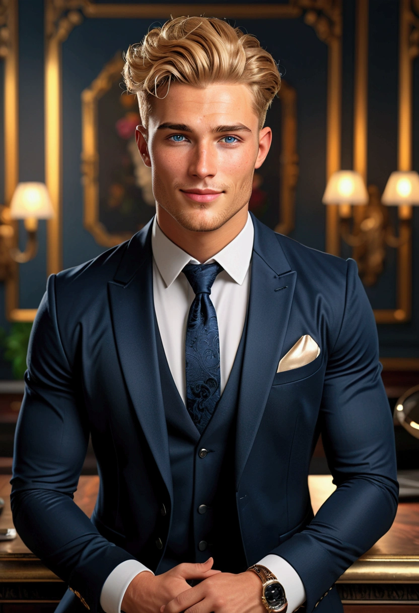 Handsome young man with golden blonde hair, bright intense grey eyes, detailed face with shaved beard, blushing cheeks, extremely realistic and detailed face, freckles on his cheeks, has a big charming smile on his face, elegant, sexy, muscular man, with classy pose, he is dressed in an elegant suit (black jacket, white shirt and dark blue tie), in the background an office, cinematic lighting, dramatic lighting, soft lighting, baroque style, romantic, ornate, intricate details, masterpiece, (best quality, 4k, 8k, high resolution, masterpiece:1.2), ultra detailed, (realistic, photorealistic, photorealistic:1.37), vibrant colors, dark tones, warm lighting