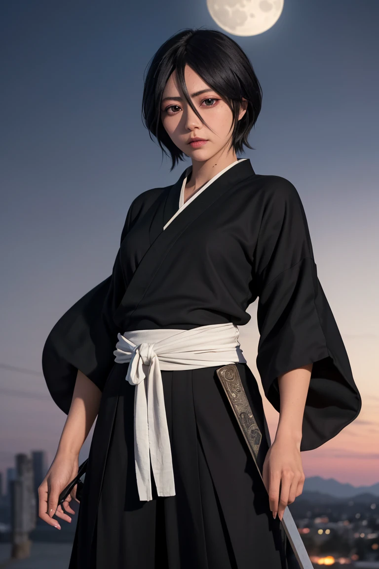 best quality, work of art, Image resolution 1080p, work of art altamente detalhado, with detailed face, detailed body, detailed landscape, saturated colors. Rukia Kuchiki a reaper girl wielding a sword. With short black hair and purple eyes wearing a black kimono, alone in a city at night with moon.
