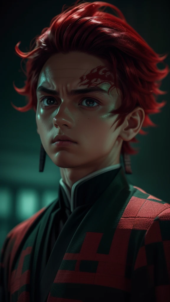 a detailed portrait of kamado tanjiro, beautiful detailed eyes, boy, beautiful detailed lips, extremely detailed face, flaming red hair, school uniform, serious expression, dramatic lighting, cinematic composition, epic fantasy, muted color palette, dark moody atmosphere, green black checkered haori