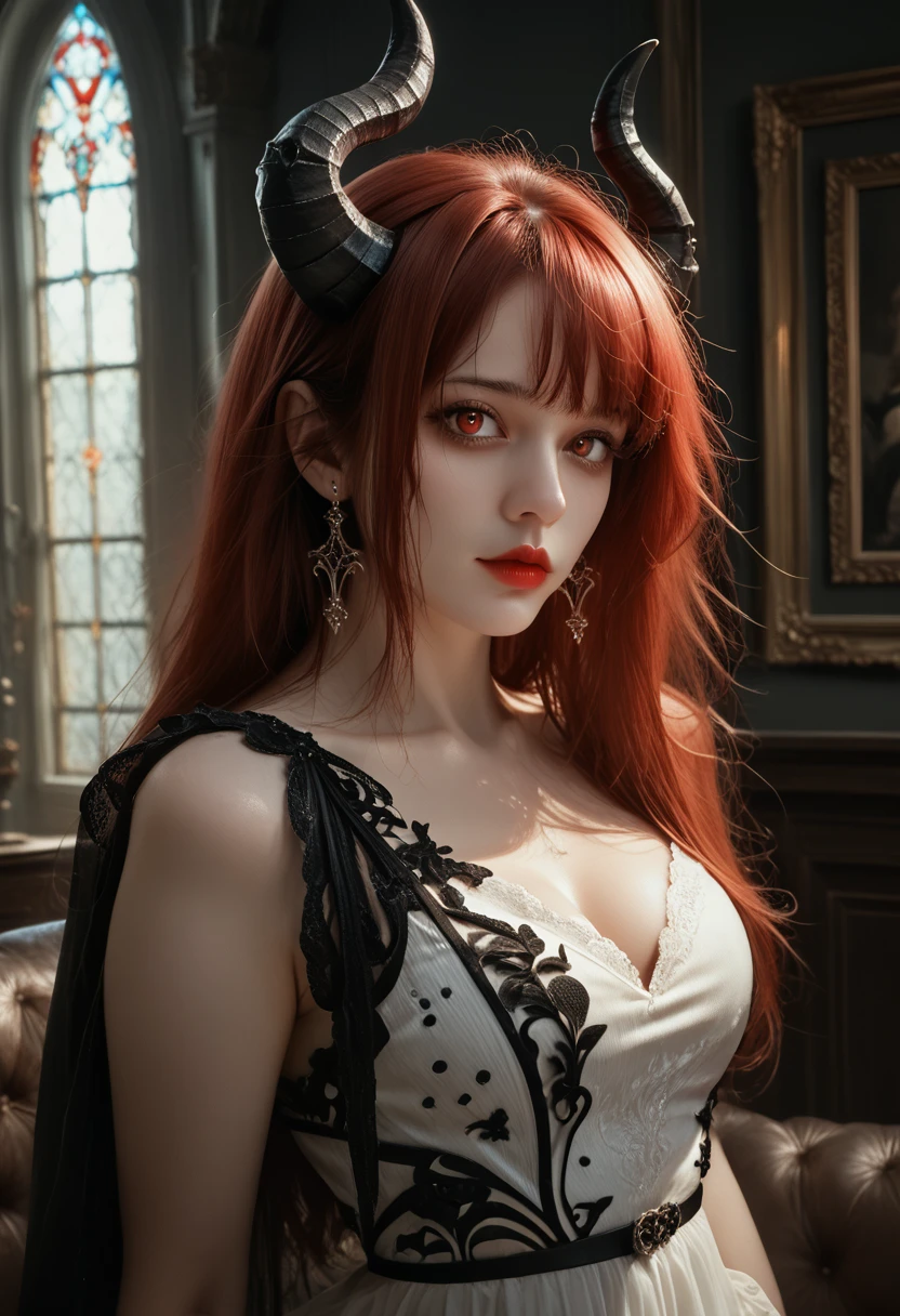 woman with red hair, orange eyes, black horns, lying on bed, horns, cackle,dog collar ,medieval background