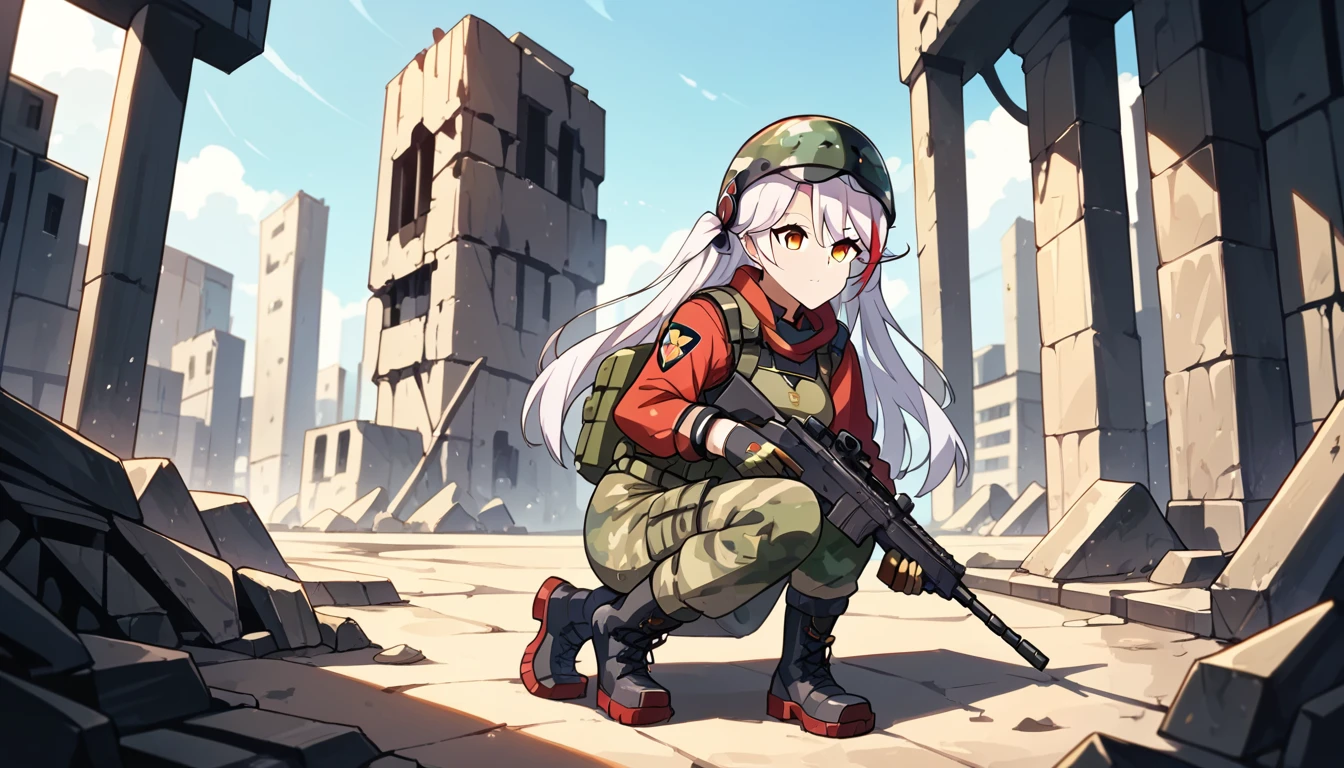 ((top quality)),((masterpiece)),((perfect face)),(ultra-detailed), ultra high res, 8k, ((military girl, camouflage Helmet, camouflage jacket, camouflage pants, armor, body armor, military gloves, military boots, camouflage cloak, cloak, military backpack, (battlefield), 1girl, prinz eugen (azur lane), white hair, solo, Kawaii Tech, Pastel Colors, Cute, Cute Colors, Very Beautiful, Cute, Adorable, masterpiece, best quality, very aesthetic, intricate colors, vibrant colors, perfect akm, ak-47, akm, kalashnikov_rifle, assault_rifle, holding_gun, ((city ruins)), (score_9:1.3)), ((score_8_up:1.3)), ((score_7_up:1.3))