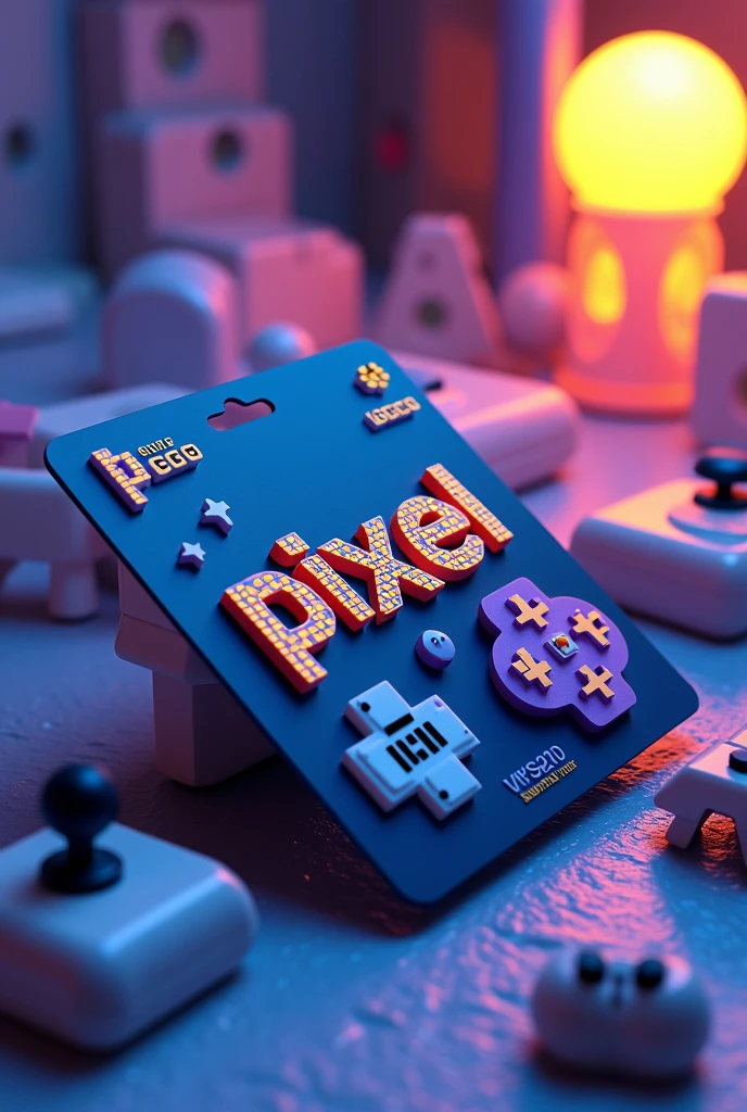 Create me a video game membership card, The membership card is called PixelPass , that the colors of the card have colors like blue, purple, yellow and white. That the name is in the upper corner of the card and has an image derived from video games