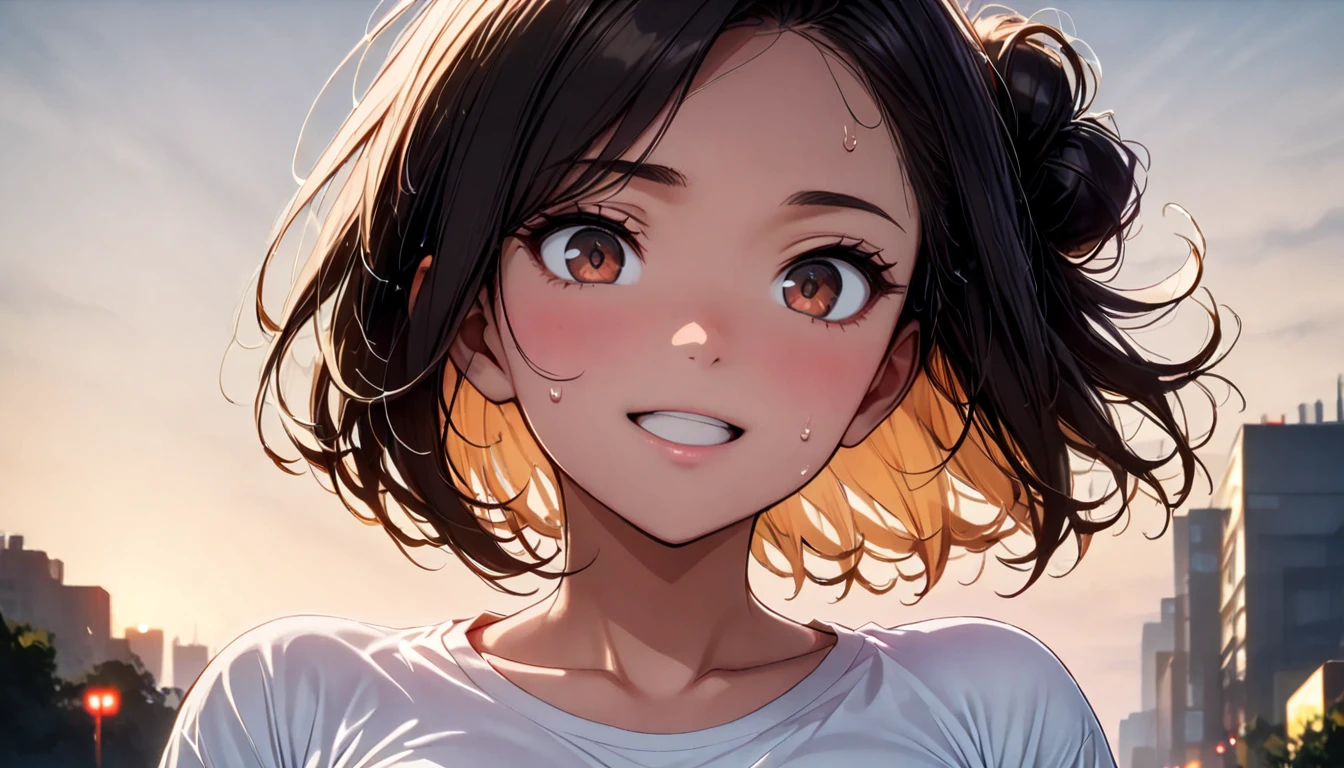 (high quality, 8k, 4K, High Contrast, masterpiece:1.2, 最high quality, Best aesthetics), Beautiful illustrations, High contrast, Flat Color, ((musturbation:1.5)), Low Angle Shot, ((1 girl)), Perfect Face,(Happy expression), ((Brown eyes)), (Mouth open), Sweating,Cute and symmetrical face, Shiny skin, ((Tied hair)), Short Hair, black hair, Short Height, Beautiful Face, Beautiful fine details, Beautiful clavicle, Beautiful body, Beautiful breasts, ((The upper body is covered with a transparent lace bra.),((The lower half is naked)), evening, (Hotel Rooms)