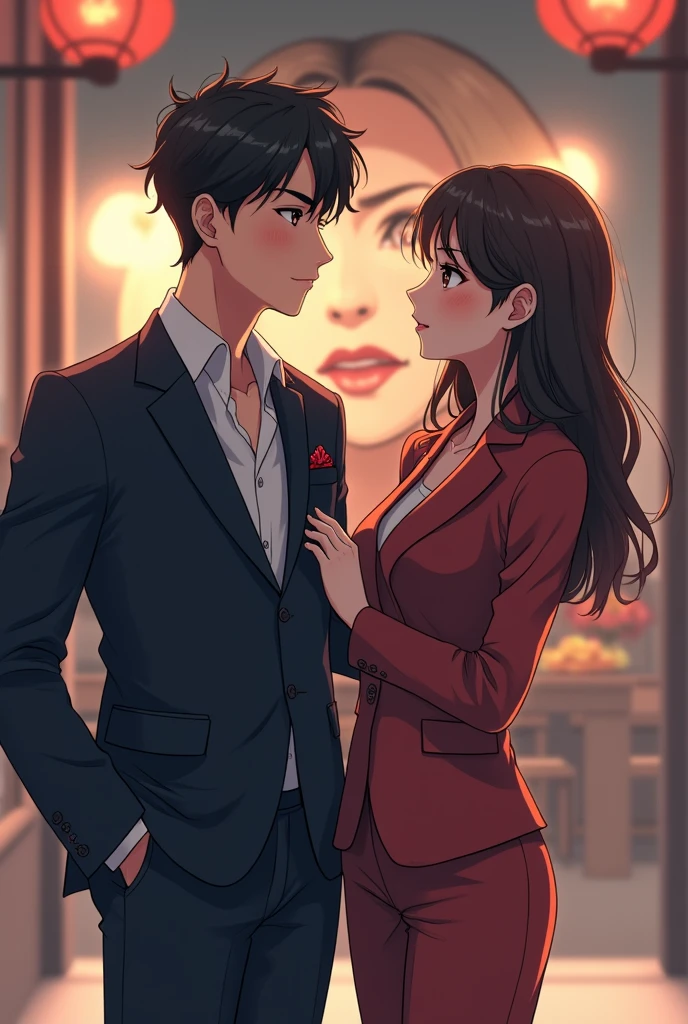 Young business man, very light tan skin with a athletic muscular body, dark brown hair, striking brown eyes with a beauty mark under his right eye, wearing a business casual outfit, in a loving embrace with his young wife, the wife has fair skin with full pink lips, the wife has an slim curvy body, the wife has gray eyes with a beauty mark on her left cheek, the wife has long silky and wavy black hair, the wife is wearing a elegant short red dress, absurdres, high res, ulltrasharp, 8K, masterpiece