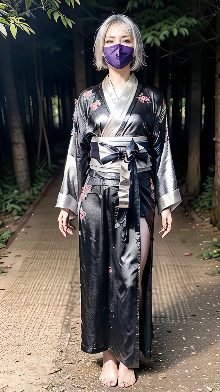 ((Ninja standing in the forest:1.2、Black kimono with purple floral pattern))、(Realistic、As shown in the picture、live-action、8k, Realistic, RAW Photos, Best image quality: 1.4), SLR camera、RAW Photos, Best Quality, Realistic, Highly detailed CG Unity 8k wallpaper, Written boundary depth, Cinematic Light, Lens Flare, Ray Tracing, Realistic background、((Kunoichi:1.4)、Hold the sword:1.3)、((Silver Hair:1.5)、Short Hair)、((Ultra-dense skin))、((whole body:1.5))、I like that style、Pay attention to the details、Perfect outfit、(White skin)、Accurate Arm、Accurate feet、Beautiful legs、Accurate thighs、Anatomically correct body、View from above