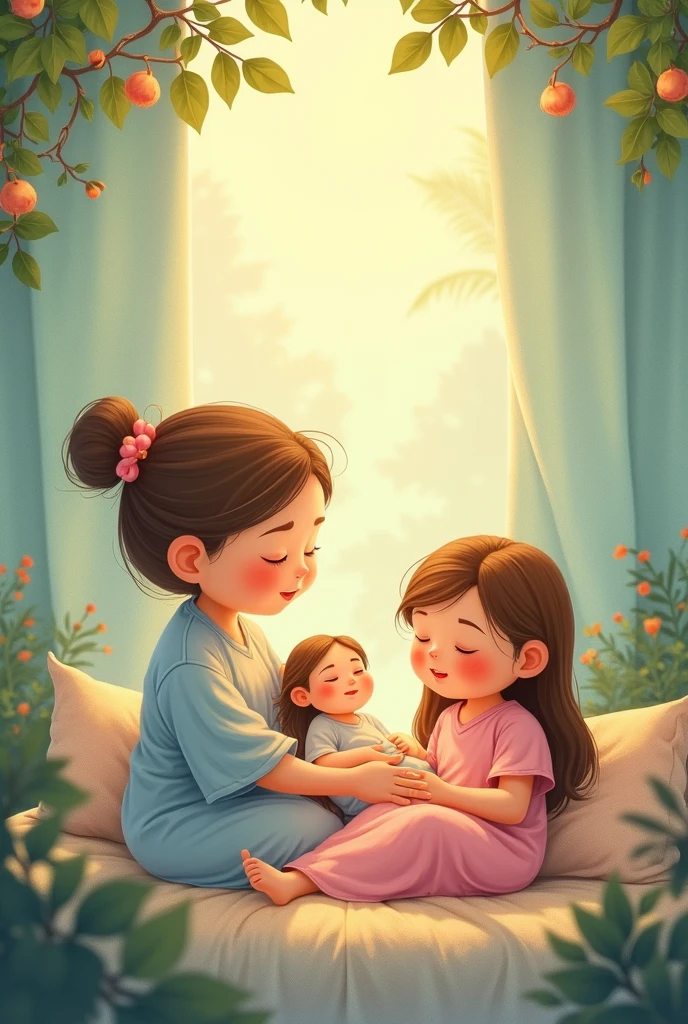 three girls each holding on, a doll very similar to them