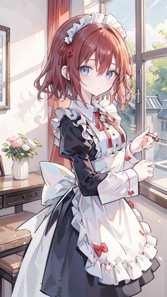 masterpiece,,Japanese cartoons,(2D:1.2),indoor, ,  1 Girl, roswaal mansion maid uniform, Solitary, maid, Blue eyes, Short hair,bow hairband, Hair between the eyes, Separate sleeves, Looking at the audience, Red hair band,Ribbon Bangs, review, bow, Orange Hair,red ribbon black sleeves, window, Long sleeve, apron, white bow, Ruffles,Ribbon trim,A faint smile, Your own hands,