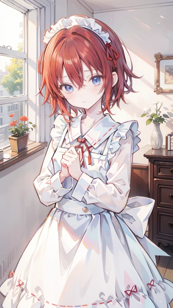 masterpiece,,Japanese cartoons,(2D:1.2),indoor, ,  1 Girl, roswaal mansion maid uniform, Solitary, maid, Blue eyes, Short hair,bow hairband, Hair between the eyes, Separate sleeves, Looking at the audience, Red hair band,Ribbon Bangs, review, bow, Orange Hair,red ribbon black sleeves, window, Long sleeve, apron, white bow, Ruffles,Ribbon trim,A faint smile, Your own hands,