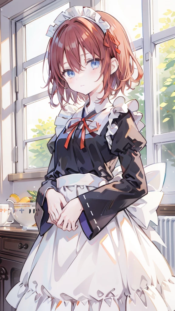 masterpiece,,Japanese cartoons,(2D:1.2),indoor, ,  1 Girl, roswaal mansion maid uniform, Solitary, maid, Blue eyes, Short hair,bow hairband, Hair between the eyes, Separate sleeves, Looking at the audience, Red hair band,Ribbon Bangs, review, bow, Orange Hair,red ribbon black sleeves, window, Long sleeve, apron, white bow, Ruffles,Ribbon trim,A faint smile, Your own hands,