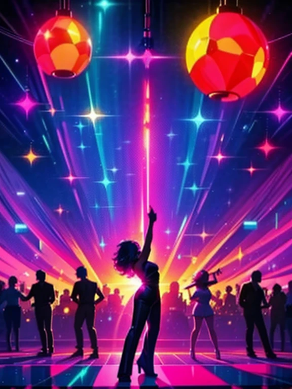 Silhouettes of people dancing in disco scene with colored lights and disco ball in the background generative, Retro party scene, Disco dance floor, neon lights dazzling, Vibrant Disco Dance Scene in a Nightclub, Late 70's, Retro Disco Fever Image.