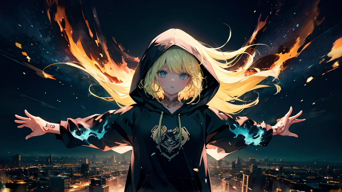 High resolution, Best Quality,  super high quality, Ultra-detailed, Cinematic lighting、Beautiful expression ,With open arms,Brown Skin、Dark Skin、Dark Skin、Blonde、Blonde Hair Long Hair、Green inner hair,Lots of hair 、Floating in the air、Magical floating girl、Swirling Flames、Long sleeve T-shirt、hoodie、Tattoo、Detailed and realistic real city、Burning City