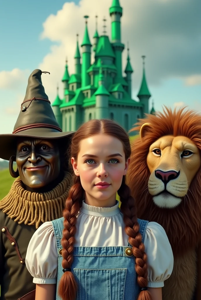 Stills from The Wizard of Oz，Male Tin Man，Male long nose scarecrow，Little girl Dorothy，lion，Half-length photo，The background is a castle made of emerald
