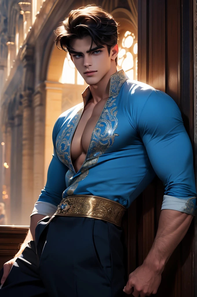 (absurdres, highres, extremely detailed, Ultra High Definition, masterpiece), The Enchanted Prince: A tall, muscular man stands on a marble balcony overlooking a lush, magical kingdom, solo, Full length portrait: 1.5, beautiful detailed eyes, beautiful detailed lips, extremely detailed eyes and face, smooth skin, a hot glow in his skin, perfect body, large chest, extremely large breasts, big nipples, sexy gaze, sexy expression, sexy posture, short hairstyle, bulge:1.2, His large chest is covered by a fitted, royal-blue tunic made of shimmering fabric that reflects the light of the setting sun. The tunic is adorned with intricate, silver embroidery and delicate, glowing gemstones that trace the contours of his powerful chest and broad shoulders. He wears tight, black trousers that emphasize his muscular legs, and his boots are made of fine, polished leather. His short, dark hair is styled elegantly, and a golden circlet rests on his brow, highlighting his noble features. His smooth skin glows with an otherworldly radiance, and his piercing, sapphire-blue eyes look directly at the viewer with a gaze that is both regal and inviting. His expression is composed, with a hint of a smile that suggests both strength and sensuality. Beautiful, gorgeous, wet, sensual, alluring, erotic, mature, His presence blends effortlessly with the scene creating a breathtaking sense of sensuality and allure. Breathtaking grandeur, model pose, focus on his calm facial features, elegant look, full body view,