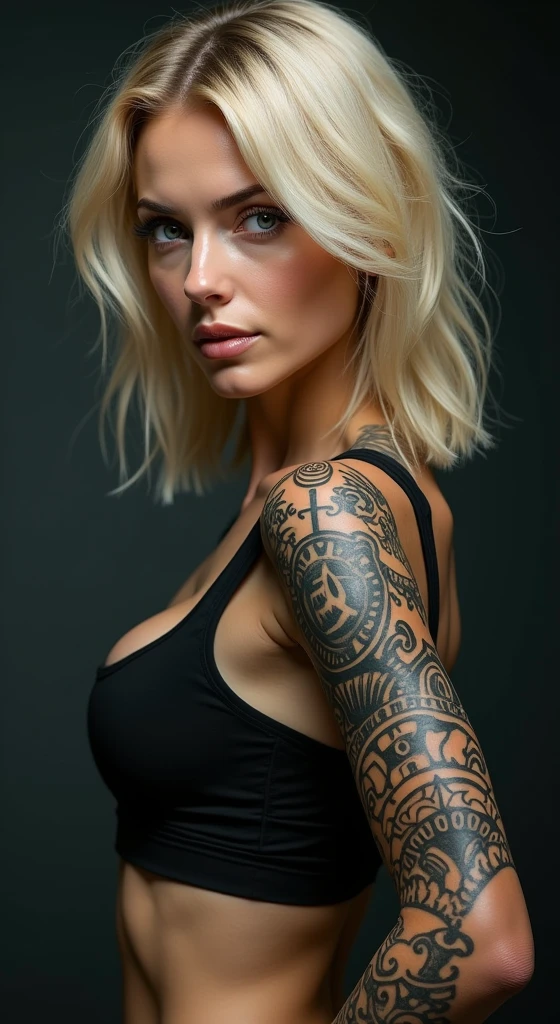 Hyper realistic and detailed full body photo of tattooed beautiful swedish woman looks directly at the camera. naked. sun is shining. Perfect face. Sharp light. perfect eyes, (Eye makeup:1.1), (highly detailed skin:1.1), RAW, analog style, sharp focus, 8k UHD, DSLR, high quality, Fujifilm XT3, grain, award winning, masterpiece.