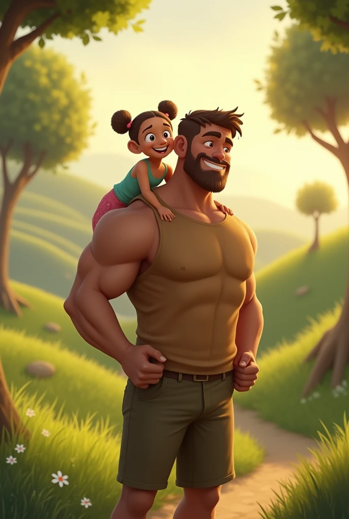 tall muscular man, with tattoo smoking holding hands with a thin, dark-skinned 1 boy wearing tennis shoes, shorts and shirt walking in a park