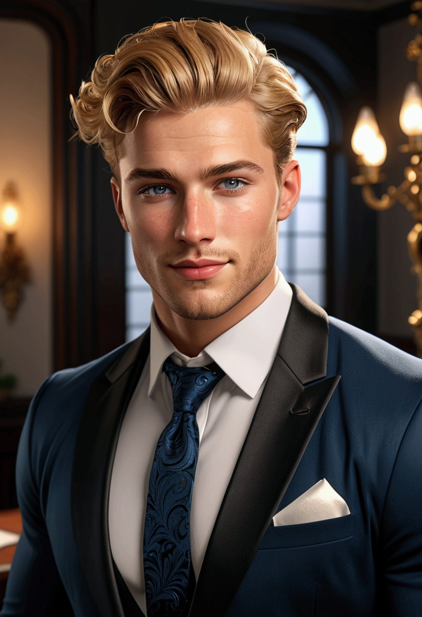 Handsome young man with golden blonde hair, (looks like Henry Calvin) bright intense grey eyes, detailed face with shaved beard, blushing cheeks, extremely realistic and detailed face, freckles on his cheeks, has a big charming smile on his face, elegant, sexy, muscular man, with classy pose, he is dressed in an elegant suit (black jacket, white shirt and dark blue tie), in the background an office, cinematic lighting, dramatic lighting, soft lighting, baroque style, romantic, ornate, intricate details, masterpiece, (best quality, 4k, 8k, high resolution, masterpiece:1.2), ultra detailed, (realistic, photorealistic, photorealistic:1.37), vibrant colors, dark tones, warm lighting