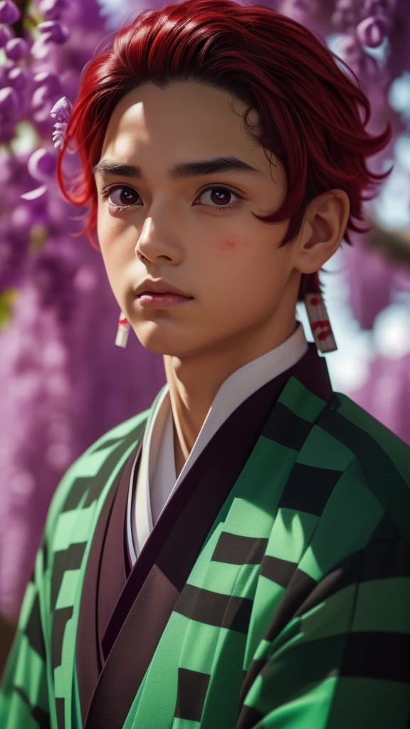 a detailed portrait of kamado tanjiro, beautiful detailed eyes, boy, beautiful detailed lips, extremely detailed japanese face, red hair, school uniform, wisteria background, green black checkered haori, red mark on his forehead