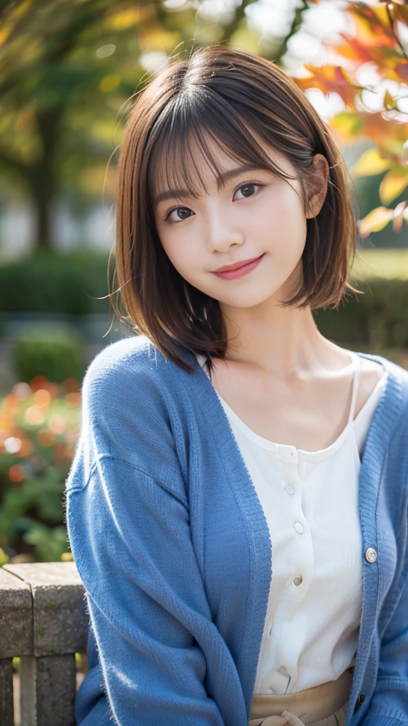 (((masterpiece))), (((Full body photo))), (One beautiful Japan girl, Innocence,kawaii) ,超A high resolution, Realistic, ultra-detailliert, 8K,top-quality, Extremely detailed, Detailed background,A slender,very beautiful japanese girl, (Detailed face:1.3), (Bery short hair,fluffy hairstyle,A dark-haired :1.4), (a baby face,kawaii系,adorable 14 year old girl), (Perfect body:1.1), (white frills,Light blue camisole dress,White fluffy skirt,Thin cardigan), Gentle smile,Please show me your beautiful teeth,((beautiful thigh)),sexy pose,rosy cheeks,Super Detailed Face、Detailed lips、A detailed eye、small gravure idol,Transparent skin、Lori,Photorealistic:1.37,no-makeup,autumn night,In the park,light from outside lights